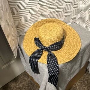 Liz Claiborne straw hat . Super cute blue polka dot bow with long ribbon tail